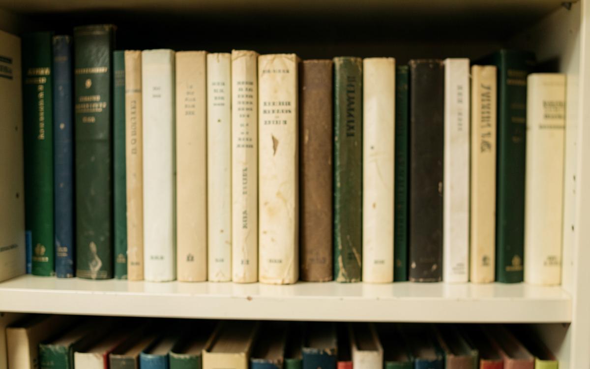 رف مكتبة يضم كتبًا قديمة بألوان طبيعية هادئة